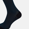 View 4 of product The Navy/Blue Thin Striped Long Socks by Turnbull & Asser feature an over the calf design with a dark upper and navy-black vertical stripes, made from soft mercerised Egyptian cotton for comfort. Displayed on a white background.