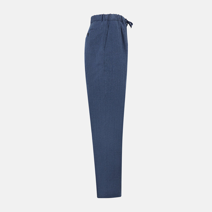 Denim Blue Linen Herringbone Miles Trousers Image 3