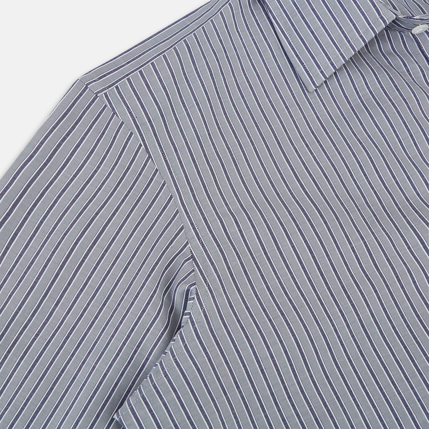 Image 6 of product The Turnbull & Asser Grey Ticking Stripe Westminster Shirt features thin vertical grey stripes and a classic collar, showcased against a plain white background.