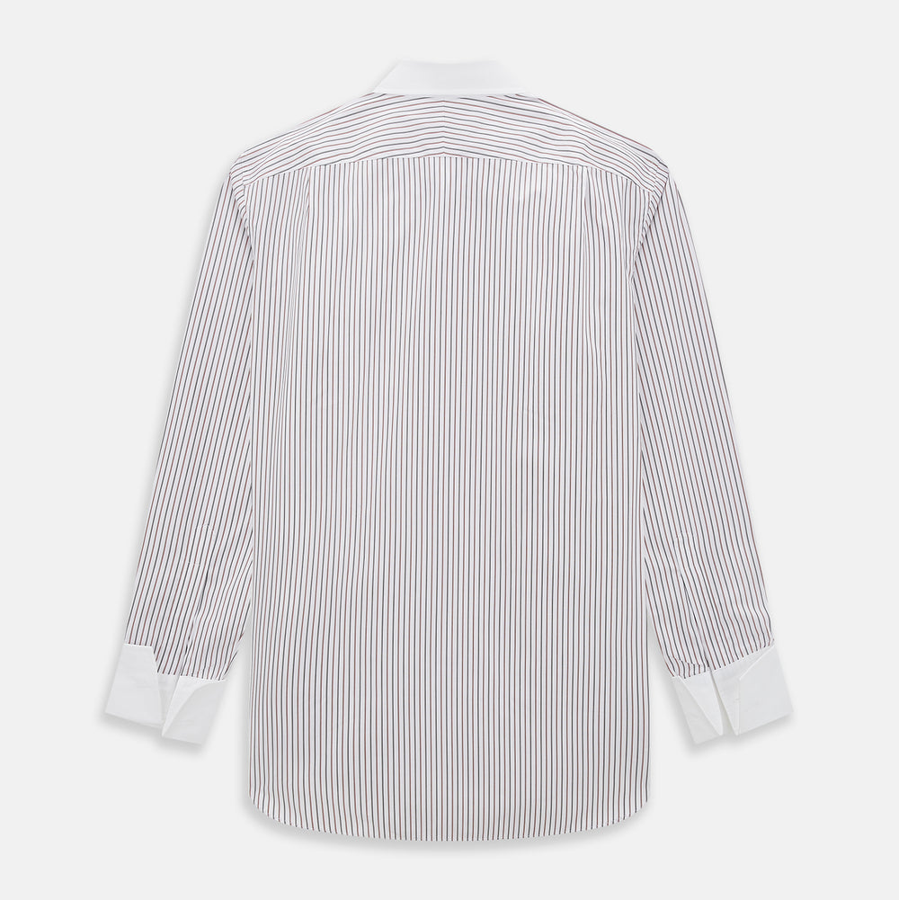 The Red Double Stripe Shirt with contrast T&A collar and cuffs by Turnbull & Asser features classic thin vertical red stripes and solid white collar and cuffs, laid flat on a white background for a timeless look.