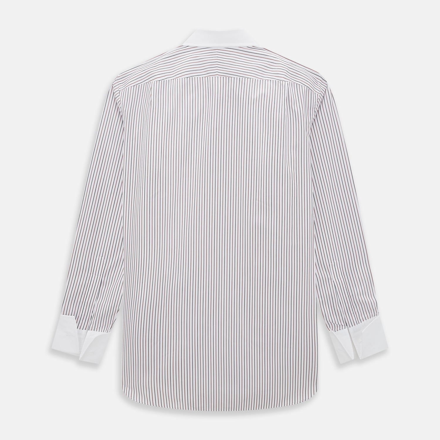 View 3 of product The Red Double Stripe Shirt with contrast T&A collar and cuffs by Turnbull & Asser features classic thin vertical red stripes and solid white collar and cuffs, laid flat on a white background for a timeless look.