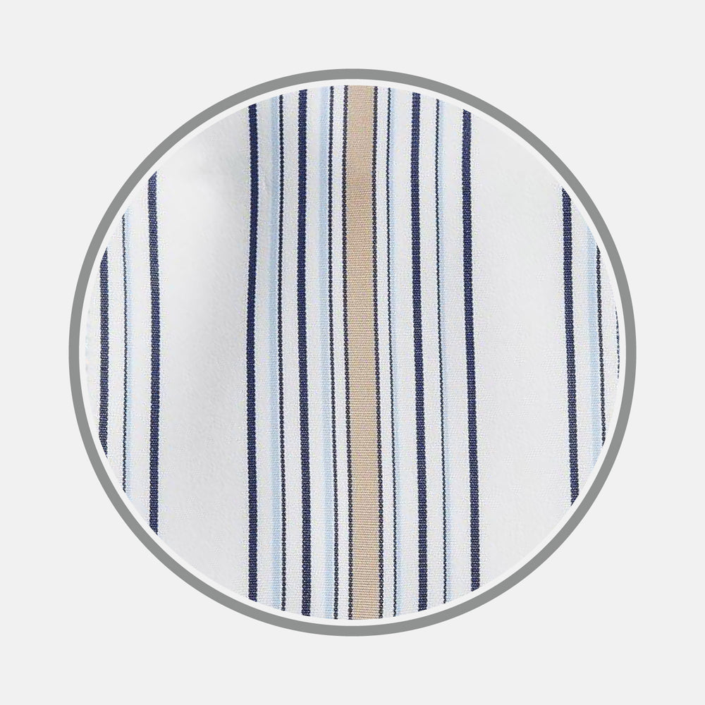A close-up of Turnbull & Asser’s Sand Multi Stripe Cotton Fabric, featuring navy, light blue, and tan vertical stripes on white, displayed in a circular frame.