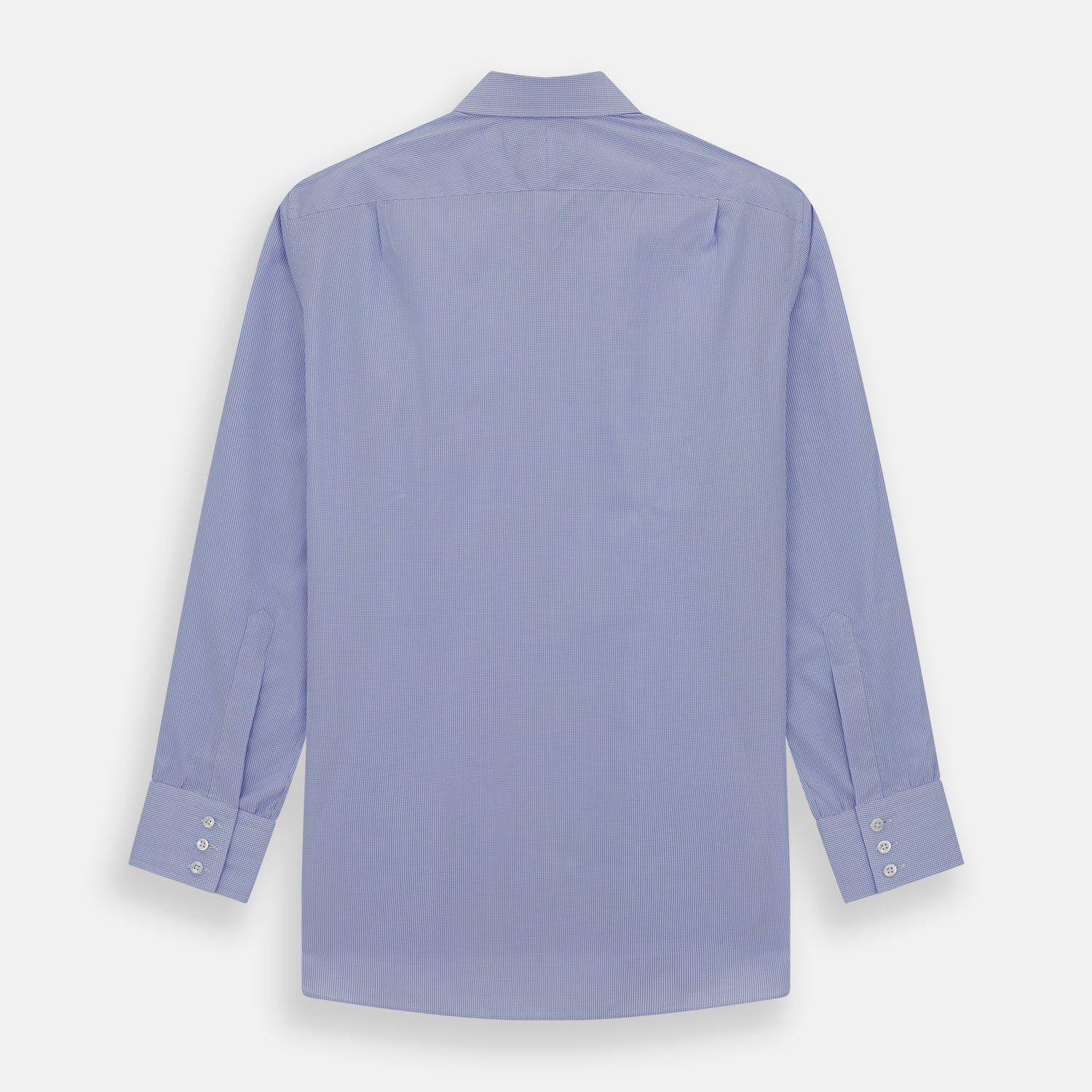 View 3 of product The Turnbull & Asser Blue Fine Check Sea Island Quality Cotton Shirt features a T&A collar, 3-button cuffs, and white buttons, shown on a plain white background.
