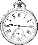 Black and white illustration of an antique pocket watch with Roman numerals and a smaller seconds dial at the bottom center. The watch has ornate details and classic styling.