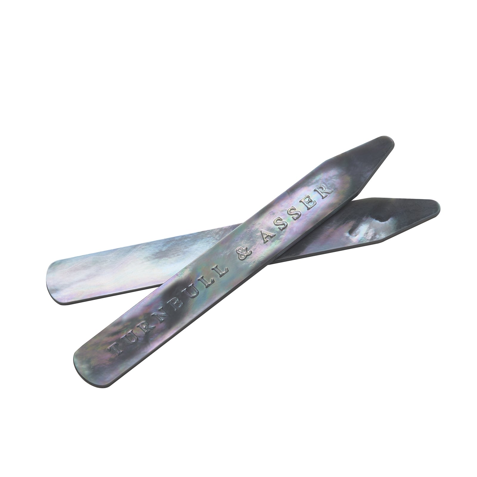 View 2 of product Turnbull & Asser Smoke Mother-of-Pearl Collar Stays, shown on a white background and engraved with the brand’s name, are perfect for keeping your shirt collar crisp and refined.