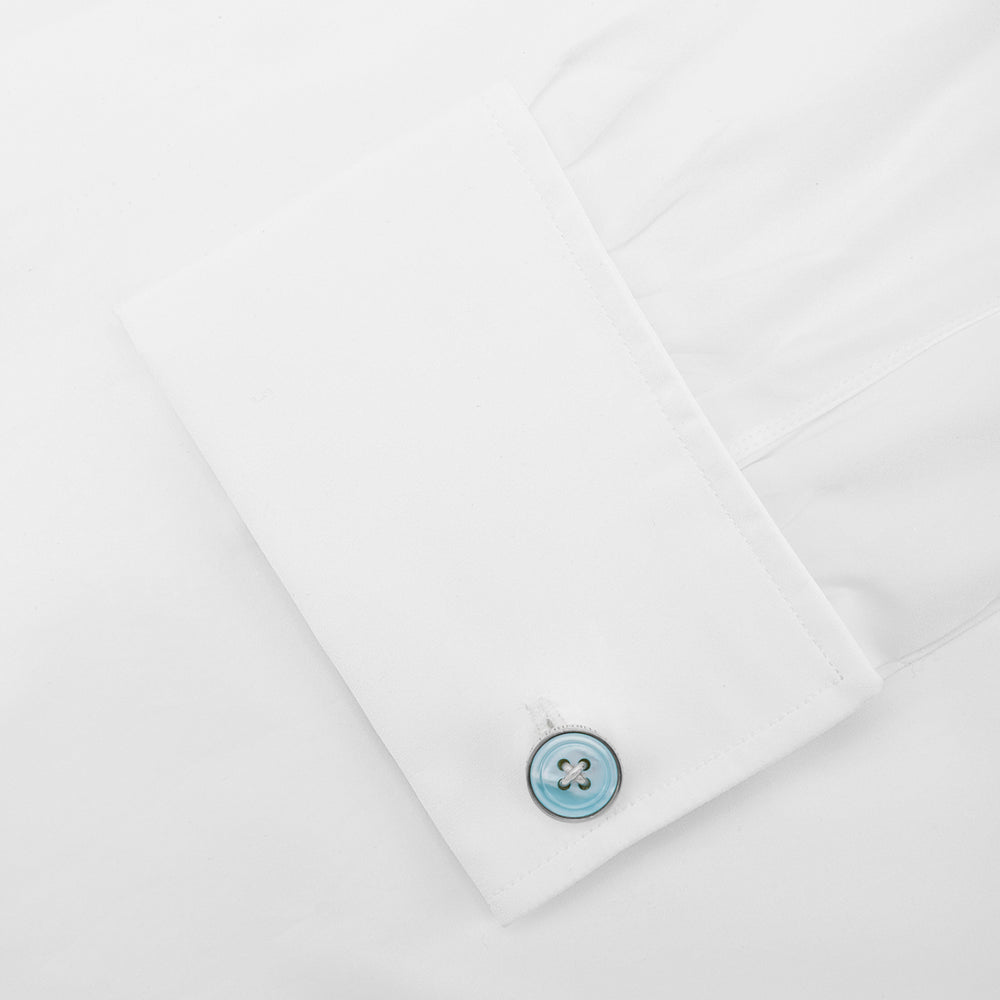 Turnbull & Asser Blue Sterling Silver Mother-of-Pearl Button Cufflinks feature a four-hole blue button design, crafted in sterling silver, displayed on a white background.