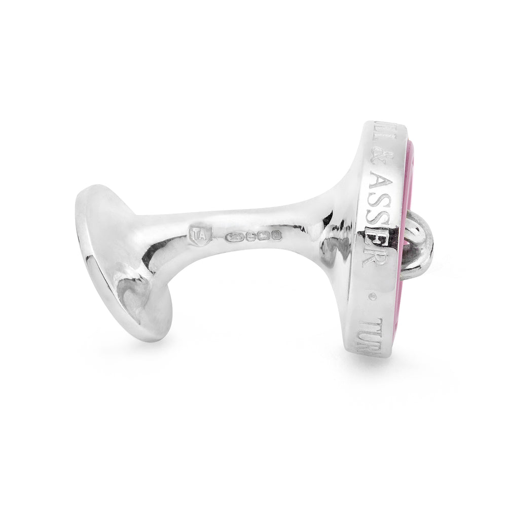 Turnbull & Asser Pink Sterling Silver Mother-of-Pearl Button Cufflinks feature round, pink, button-shaped faces with four central holes, shown against a plain white background.