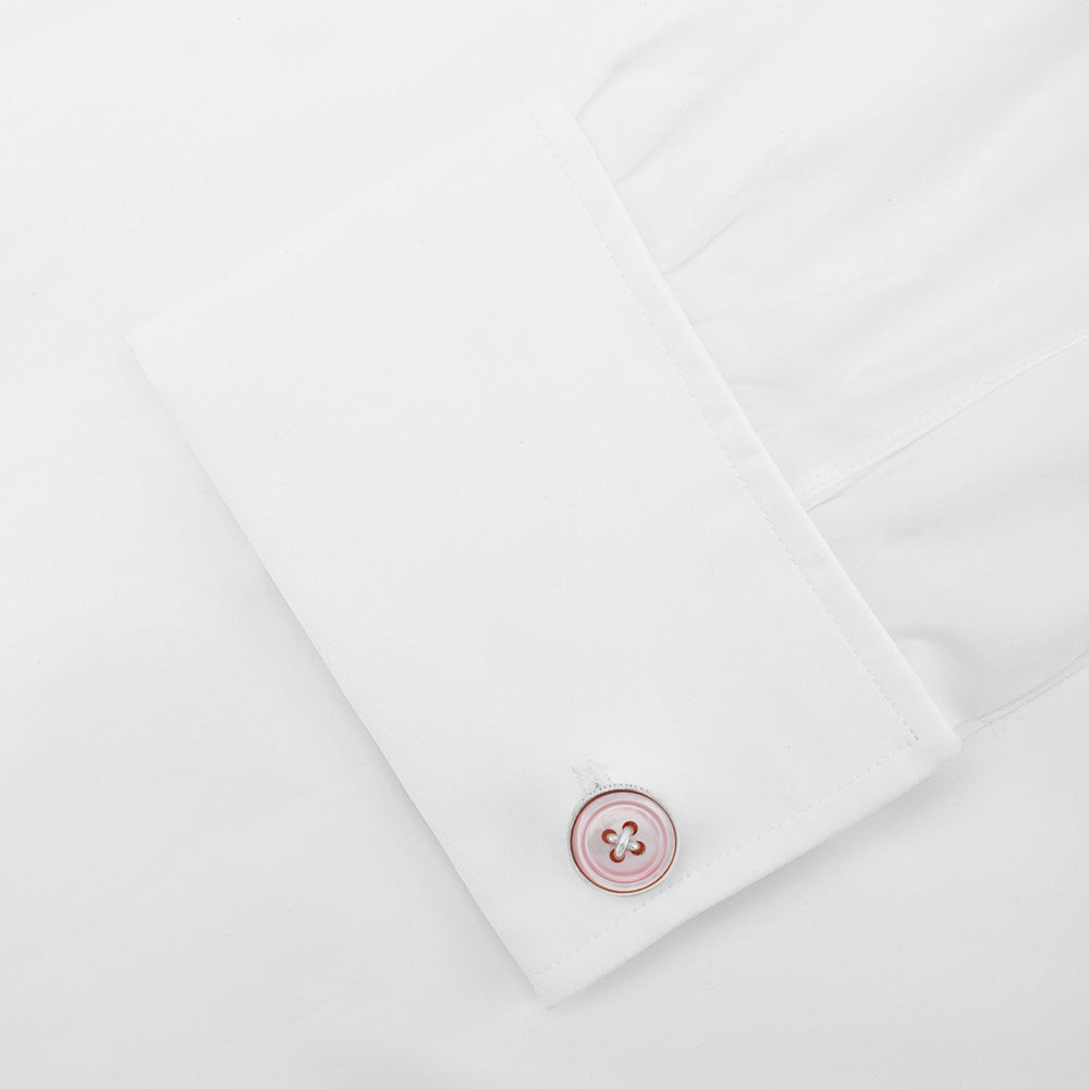 Turnbull & Asser Pink Sterling Silver Mother-of-Pearl Button Cufflinks feature round, pink, button-shaped faces with four central holes, shown against a plain white background.