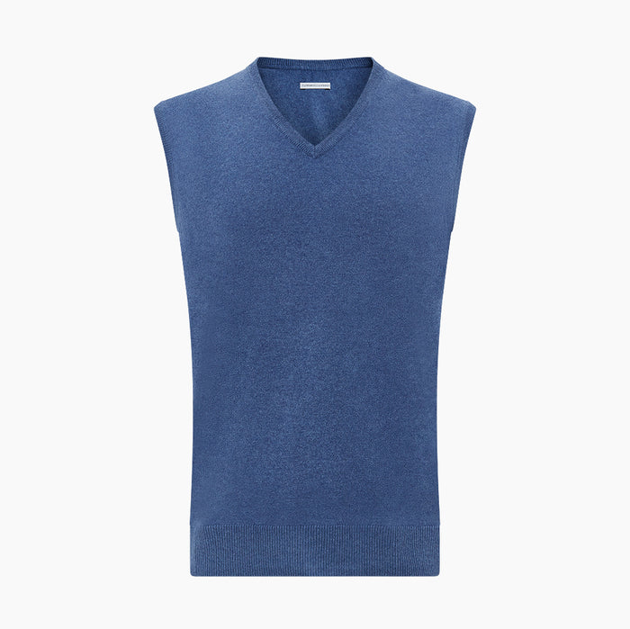 Blue V-Neck Sleeveless Cashmere Vest Image 3