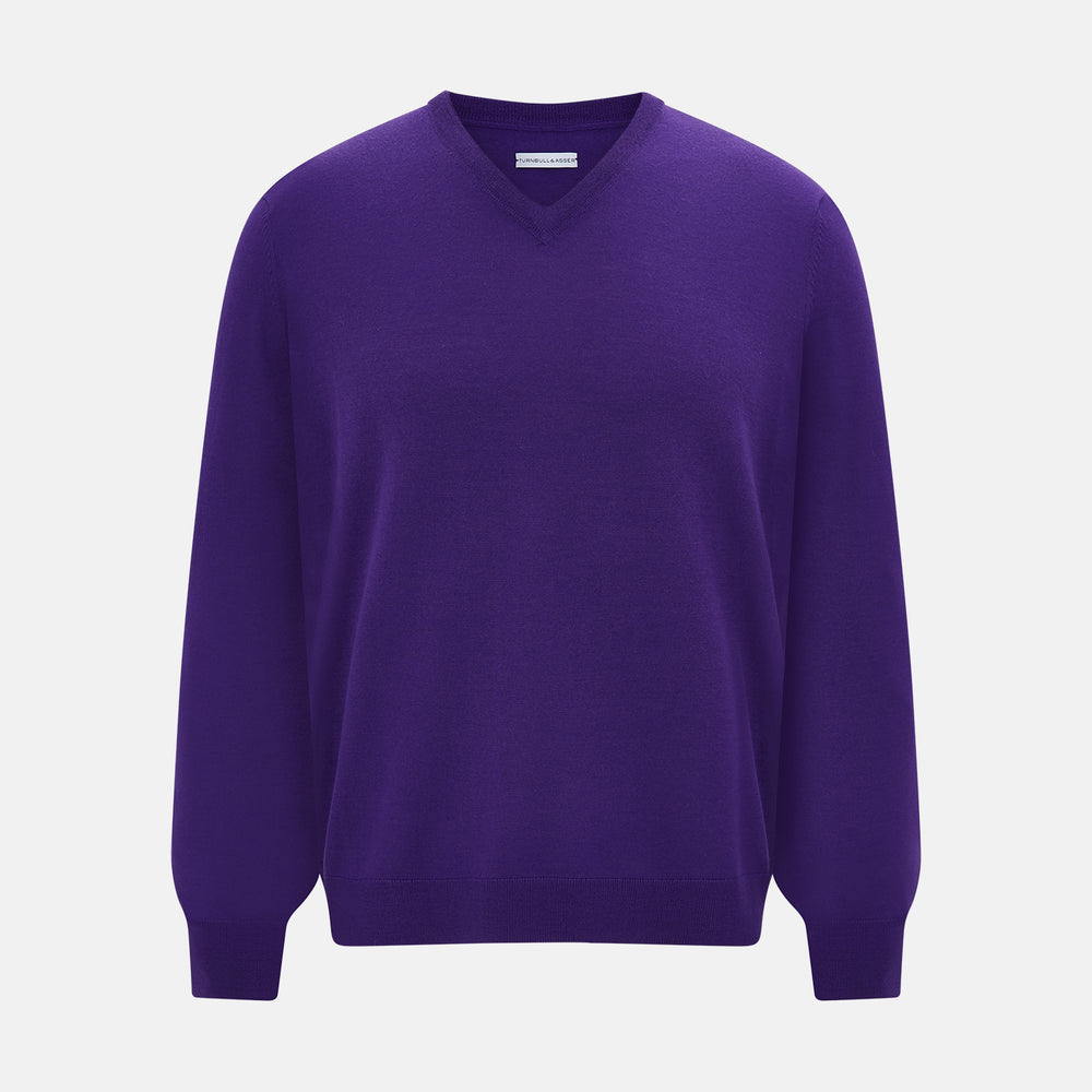 Purple Merino V-Neck Jumper – Turnbull Asser - Main Image