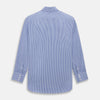 View 3 of product The Turnbull & Asser Blue Grid Check Belgravia Shirt, made from pure cotton with long sleeves, a spread collar, buttoned cuffs, and a blue-and-white check pattern, is laid flat on a white background.