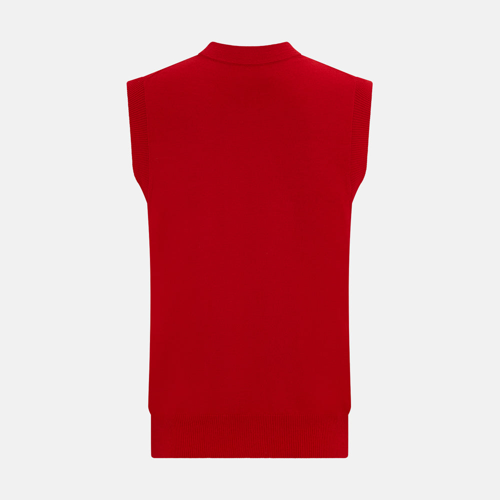The Turnbull & Asser Red Fine Merino V-Neck Sleeveless Cardigan features a collarless neckline, two front pockets, and five dark buttons, shown on a plain white background.