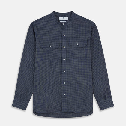 Navy Check Weekend Fit Flannel Shirt with Stand Collar and 1 Button Cuffs