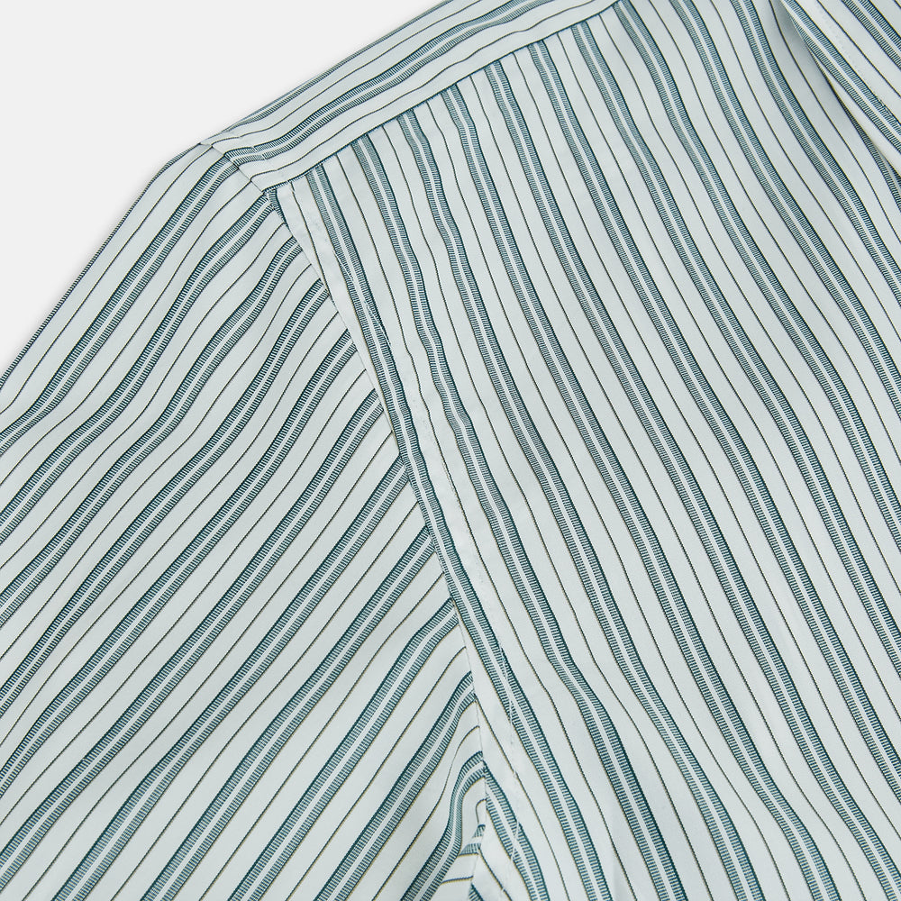 The OLIVE & SAGE GREEN MULTI TRACK STRIPE WESTMINSTER SHIRT by Turnbull & Asser features a classic Turnbull collar and long sleeves, showcasing British craftsmanship with its striped design, presented against a white background.