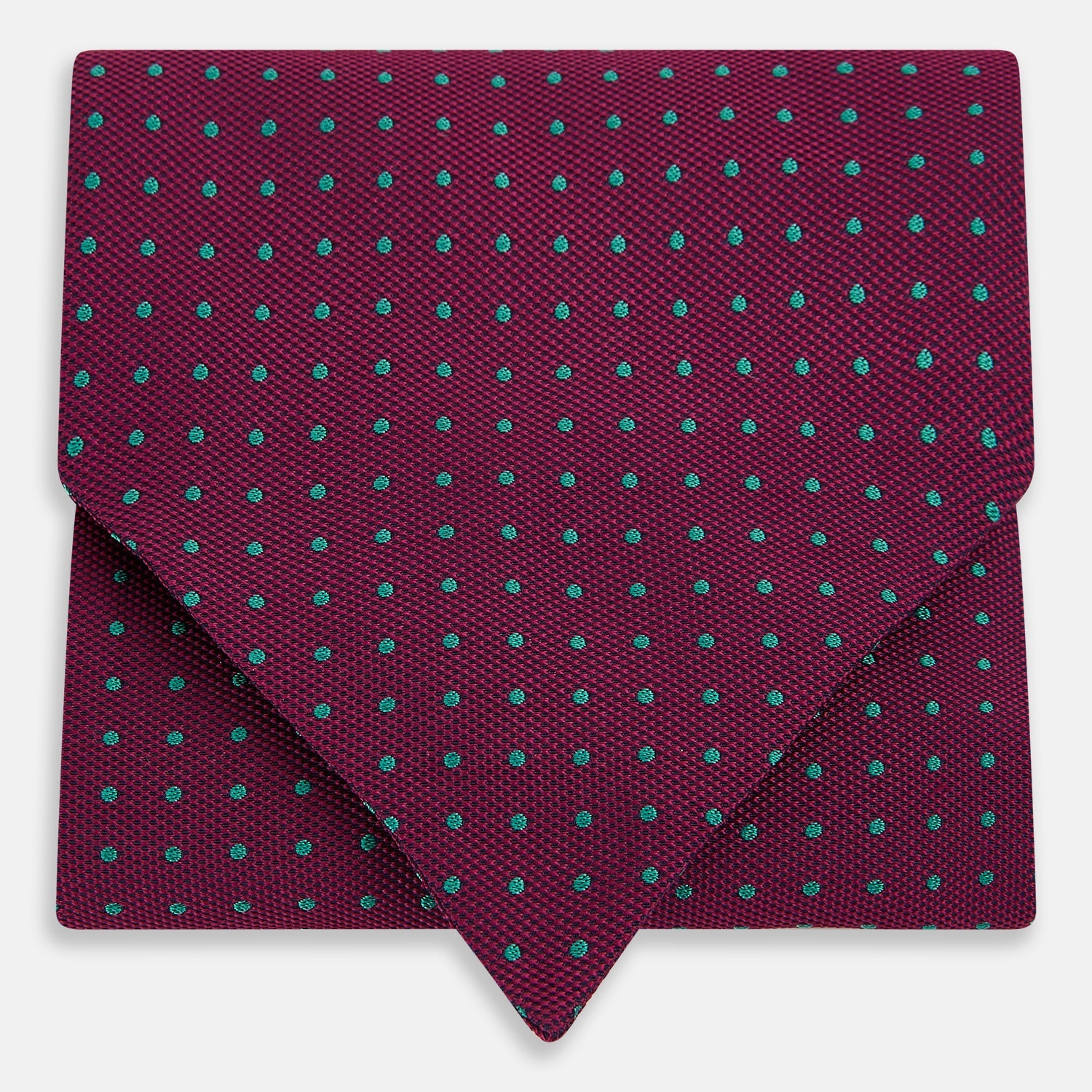 Image 1 of product A burgundy pocket square with turquoise polka dots, folded to a point—an ideal men's formal accessory to complement the Green Micro Dot and Magenta Silk Cravat by Turnbull & Asser.