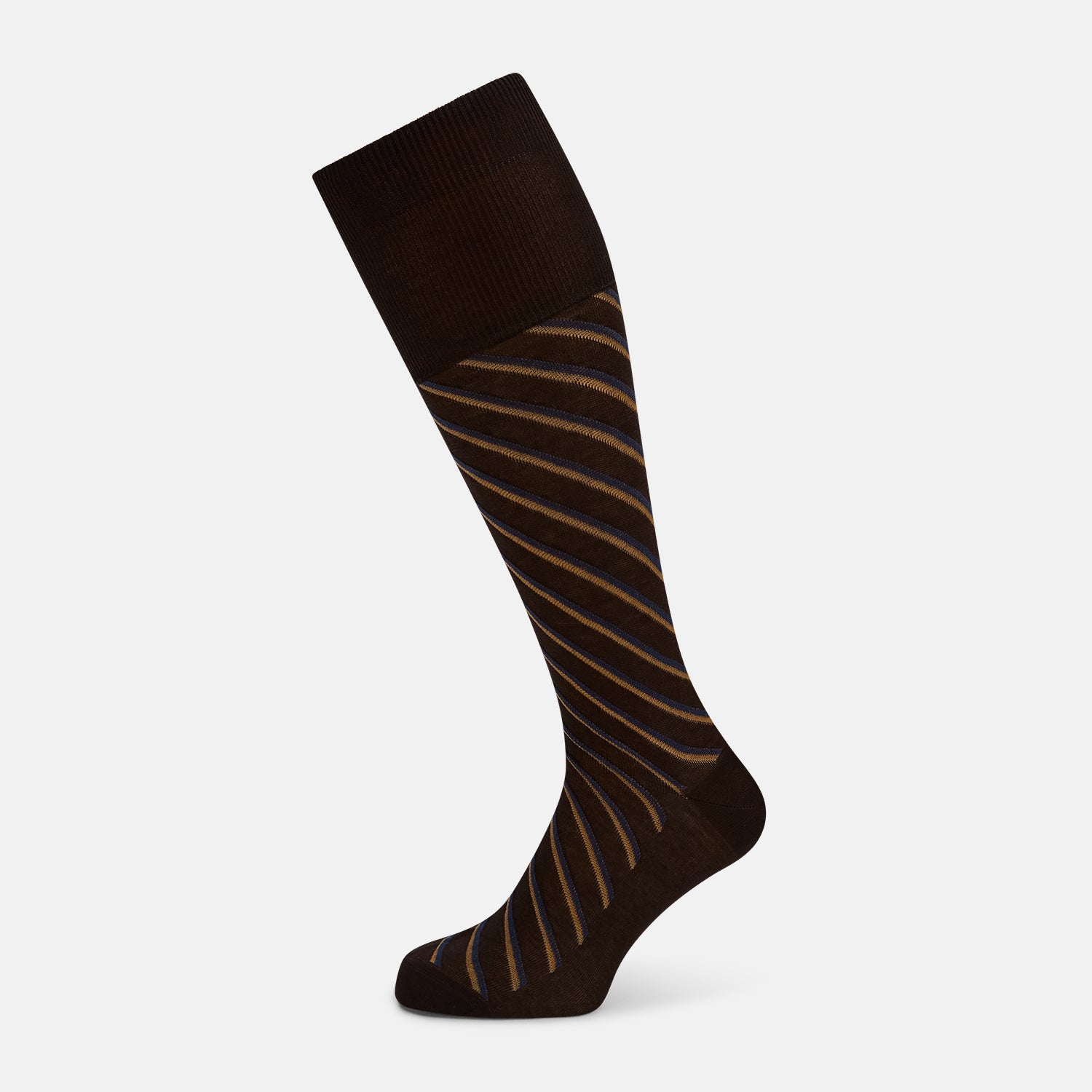 View 1 of product A single Turnbull & Asser Dark Chocolate/cream Diagonal Striped Long Sock, knee-high, is displayed against a plain white background.