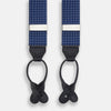 View 1 of product Turnbull & Asser Navy & White Small Spot Adjustable Silk and Navy Leather Braces feature silver-engraved clips and leather button loops—perfect for refined sartorial style.