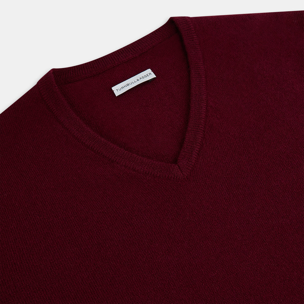 Burgundy Cashmere V neck Jumper Turnbull Asser