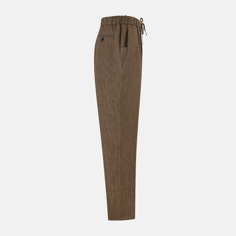 The Turnbull & Asser Pine Cone Linen Herringbone Miles Trousers feature a relaxed fit, elasticated waistband, and drawstring tie, shown against a plain white background.
