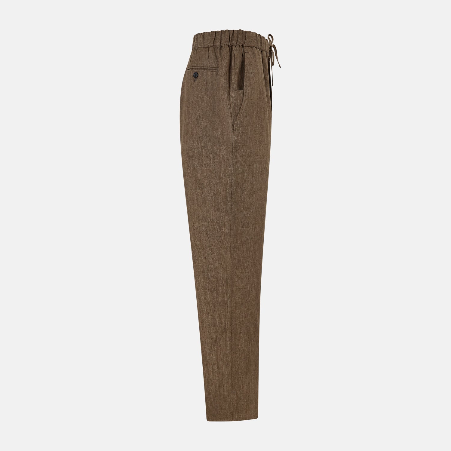 View 4 of product The Turnbull & Asser Pine Cone Linen Herringbone Miles Trousers feature a relaxed fit, elasticated waistband, and drawstring tie, shown against a plain white background.