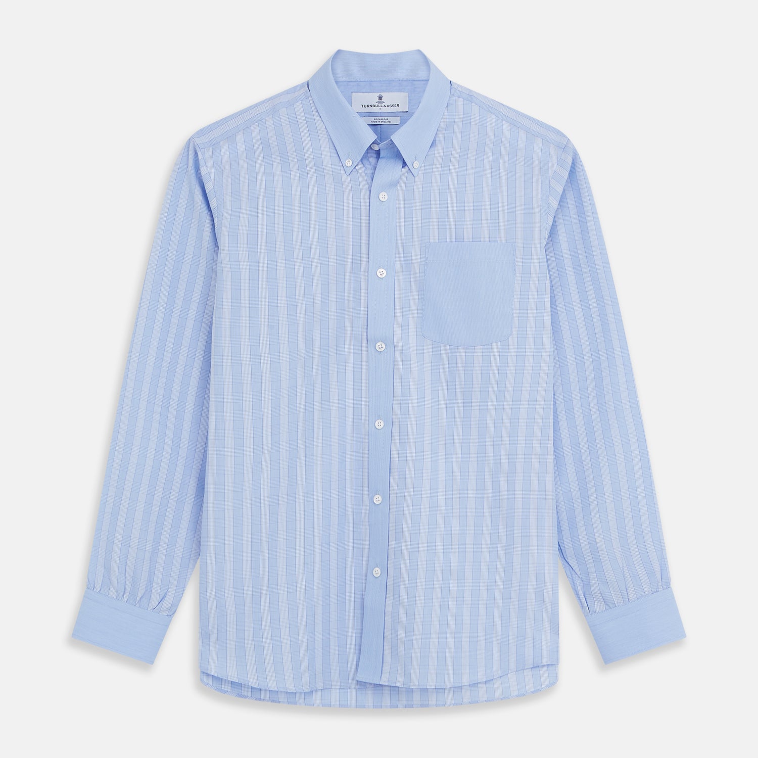 View 1 of product Turnbull & Asser's Blue Multi Check Cotton RE-PURPOSE Weekend Fit Suffolk Shirt, crafted from recycled fabrics, features a multi-check pattern, button-down collar, and chest pocket, and is displayed flat on a white background.
