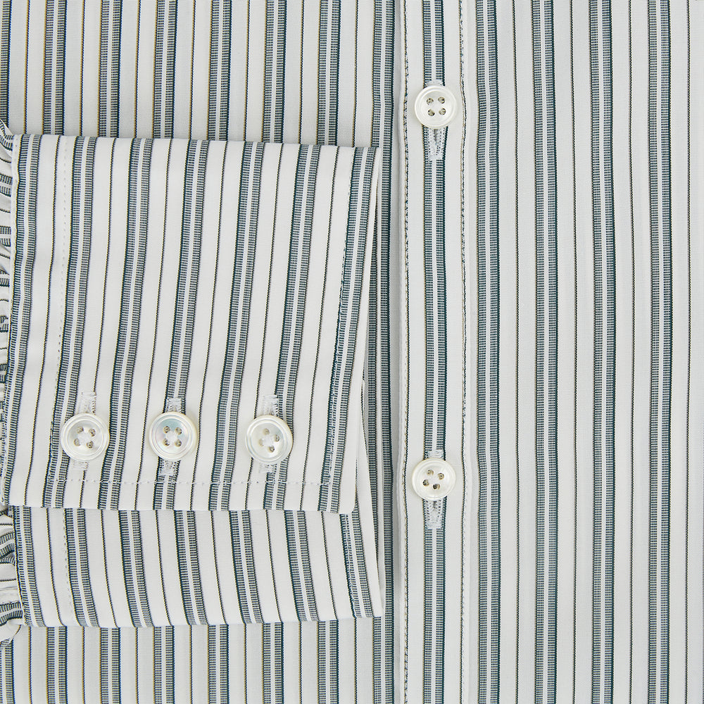 The OLIVE & SAGE GREEN MULTI TRACK STRIPE WESTMINSTER SHIRT by Turnbull & Asser features a classic Turnbull collar and long sleeves, showcasing British craftsmanship with its striped design, presented against a white background.