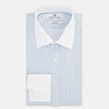 View 5 of product The Turnbull & Asser Sky Blue Hairline Multi Stripe Shirt features a contrast T&A collar and cuffs in white, Mayfair fit, and front buttons, displayed on a plain white background.
