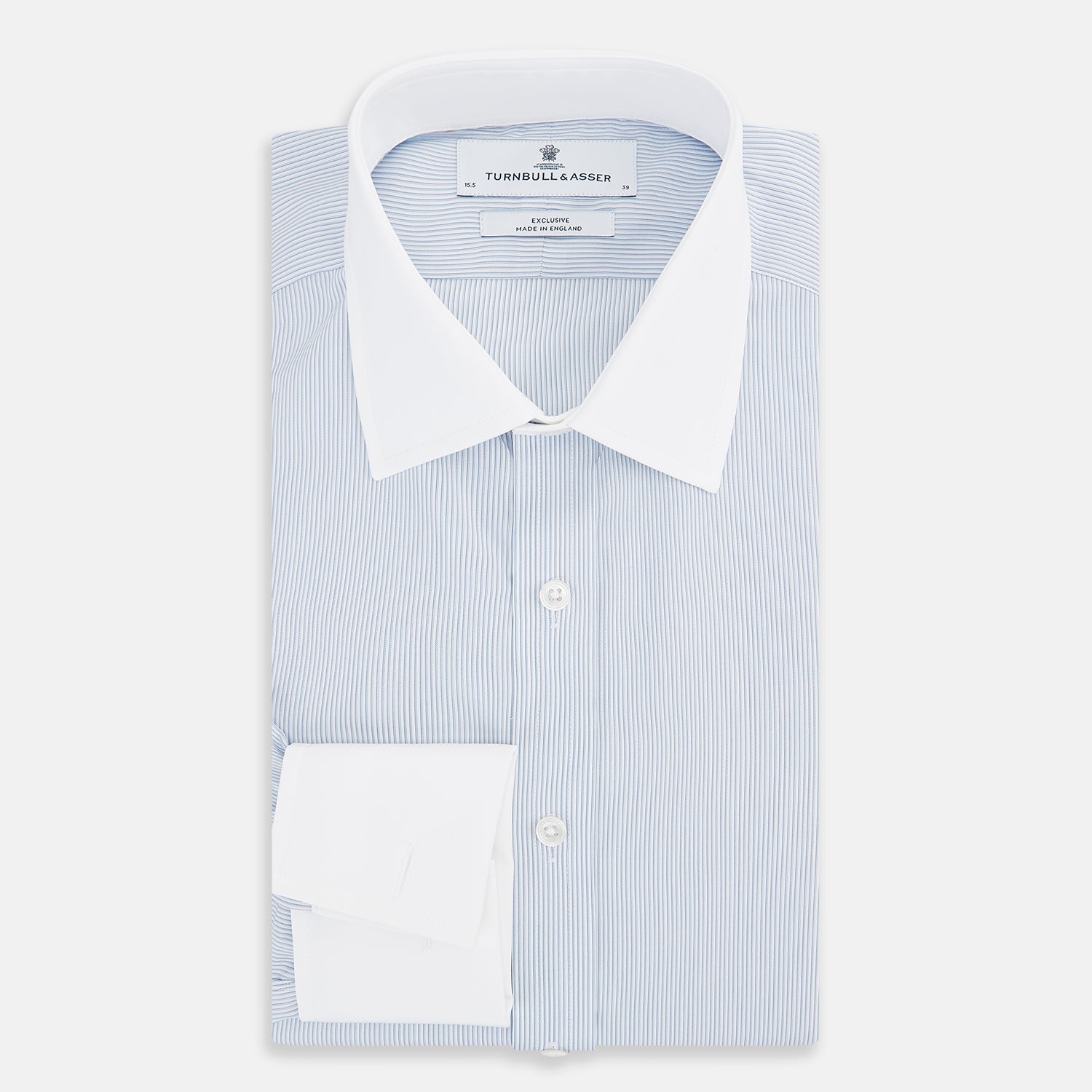 View 5 of product The Turnbull & Asser Sky Blue Hairline Multi Stripe Shirt features a contrast T&A collar and cuffs in white, Mayfair fit, and front buttons, displayed on a plain white background.