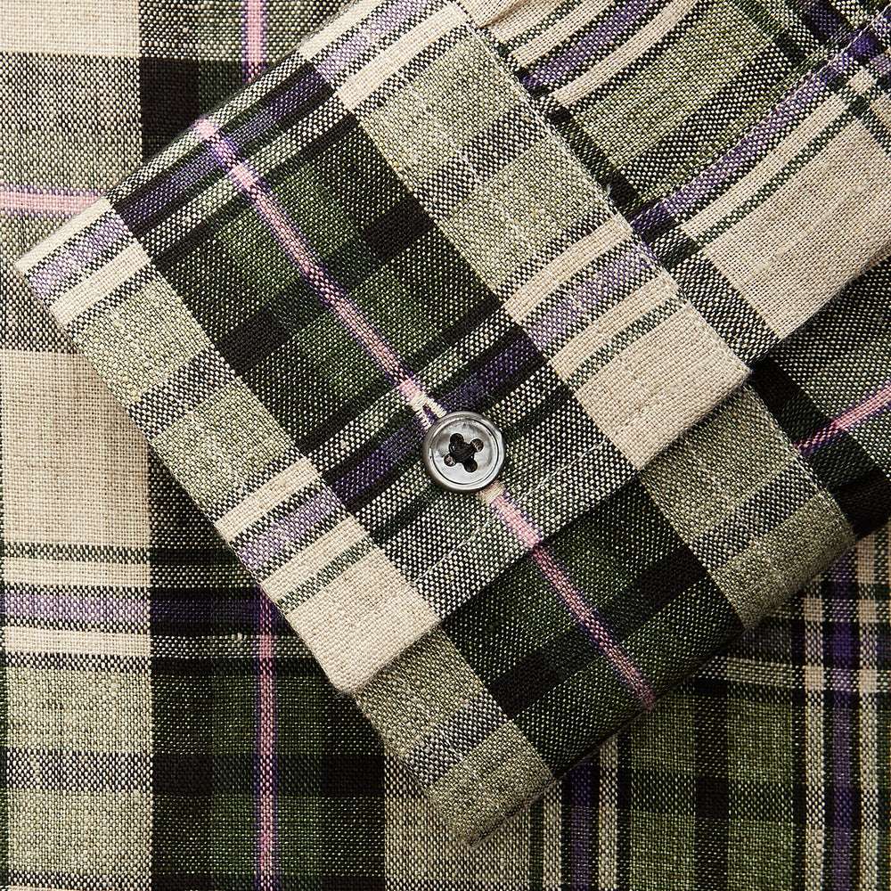 Turnbull & Asser Green & Purple Check Weekend Fit Linen Shirt with Dorset collar and 1-button cuffs, shown flat on a white background.