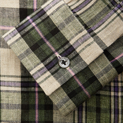 Green & Purple Check Weekend Fit Linen Shirt with Dorset Collar and 1 Button Cuffs Image 3