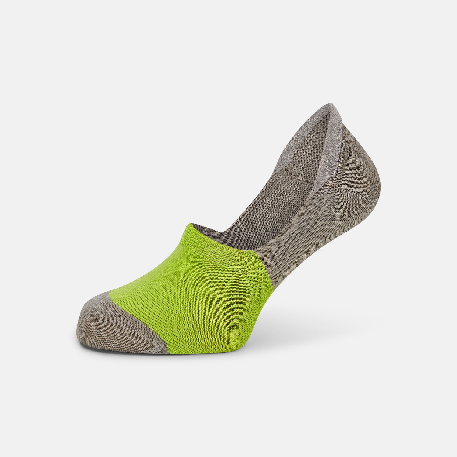 View 1 of product The Turnbull & Asser Vanilla No-Show Socks are shown on a white background, featuring a bright green toe and front, with the rest of the cotton sock in light grayish-brown.
