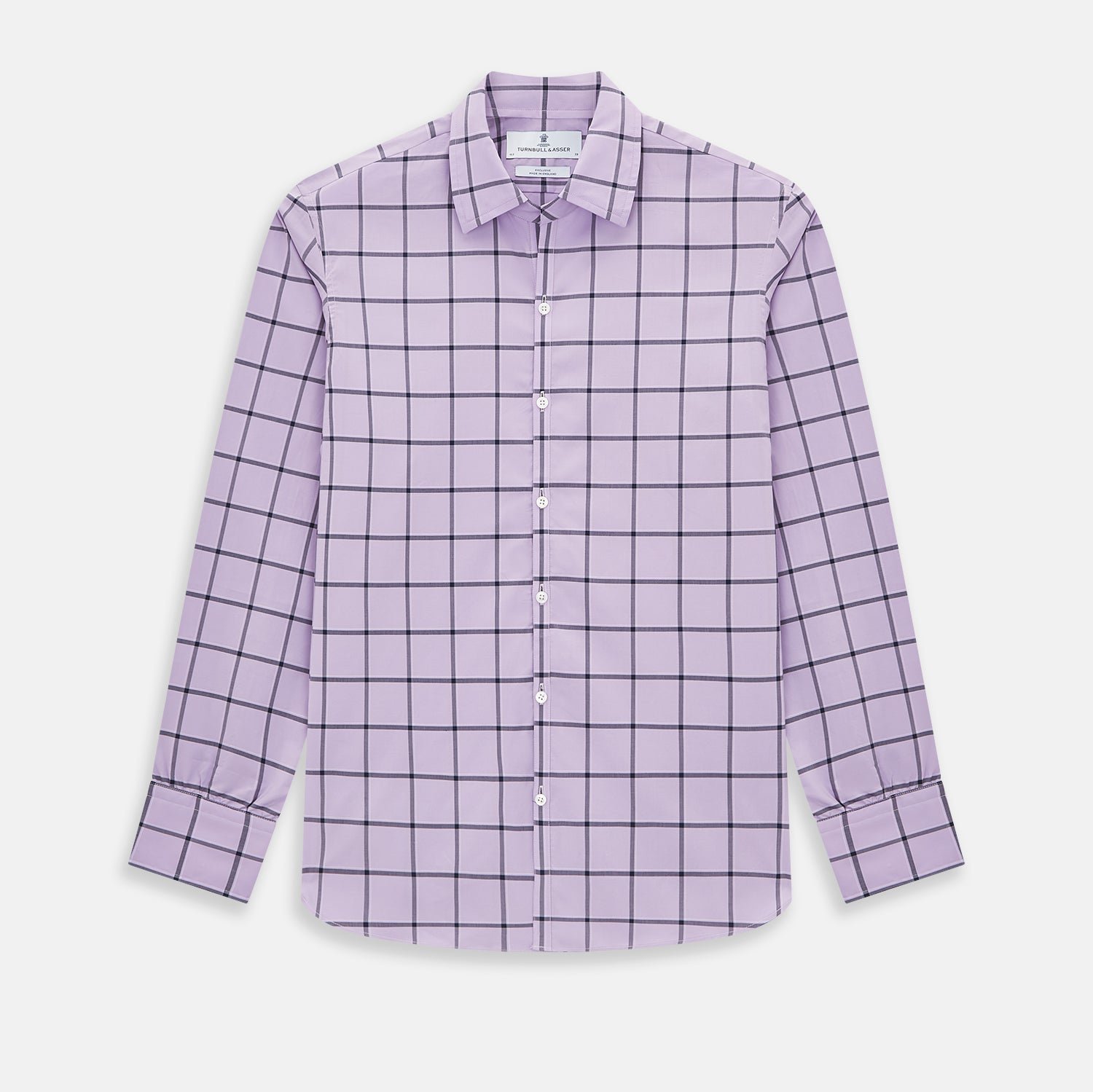 Image 1 of product A long-sleeve, button-up Lilac Grid Check Windsor Shirt by Turnbull & Asser, featuring a black windowpane pattern and a refined Windsor collar, displayed on a plain white background.