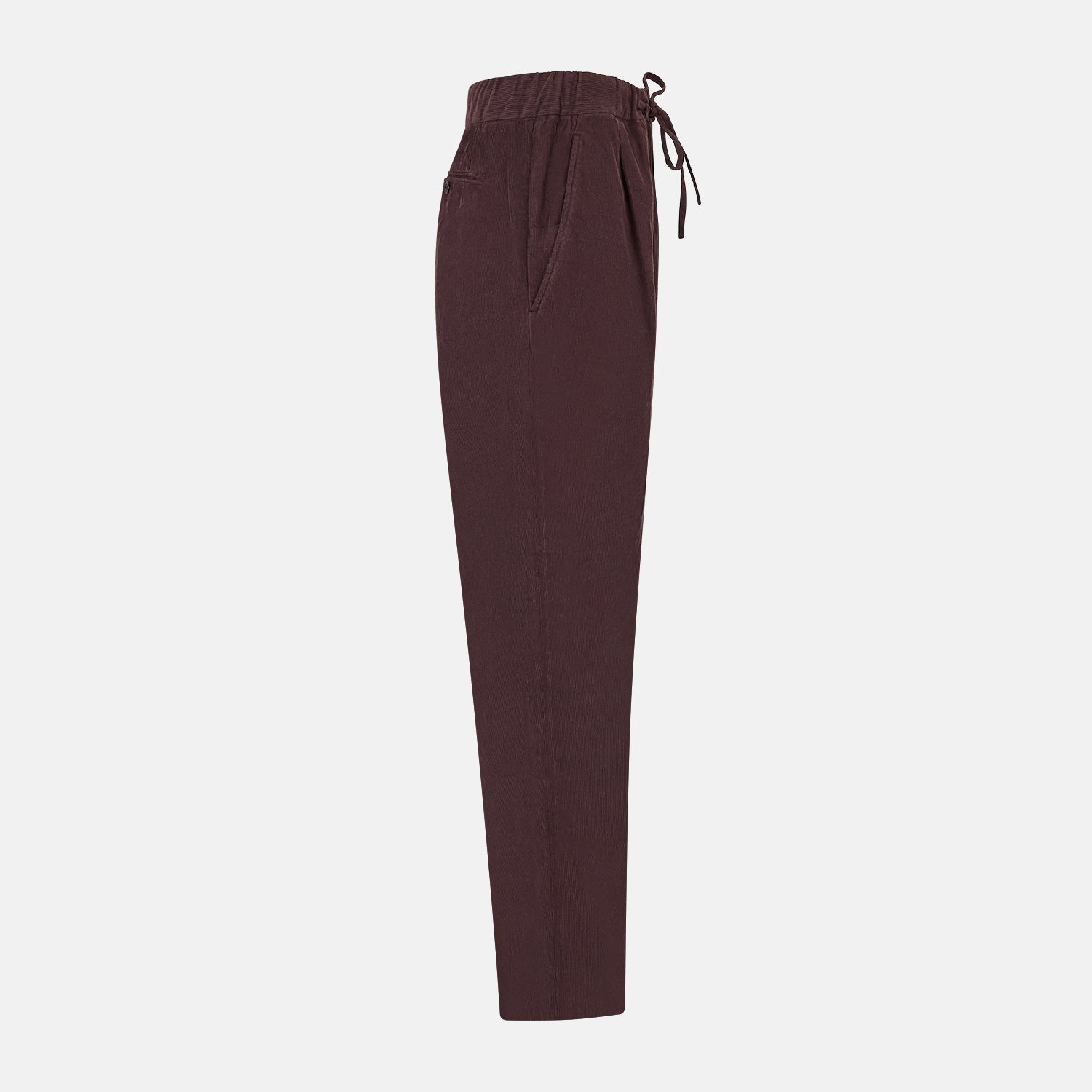 Image 4 of product Turnbull & Asser Burgundy Corduroy Miles Trousers: high-waisted, straight-leg pants with an elasticated drawstring waist, shown on a white background.