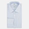 View 5 of product The Sky Blue Hairline Multi Stripe Mayfair Shirt by Turnbull & Asser, made from Italian cotton with a classic collar, white buttons, and buttoned cuffs, is displayed on a plain white background—an essential for any gentleman.