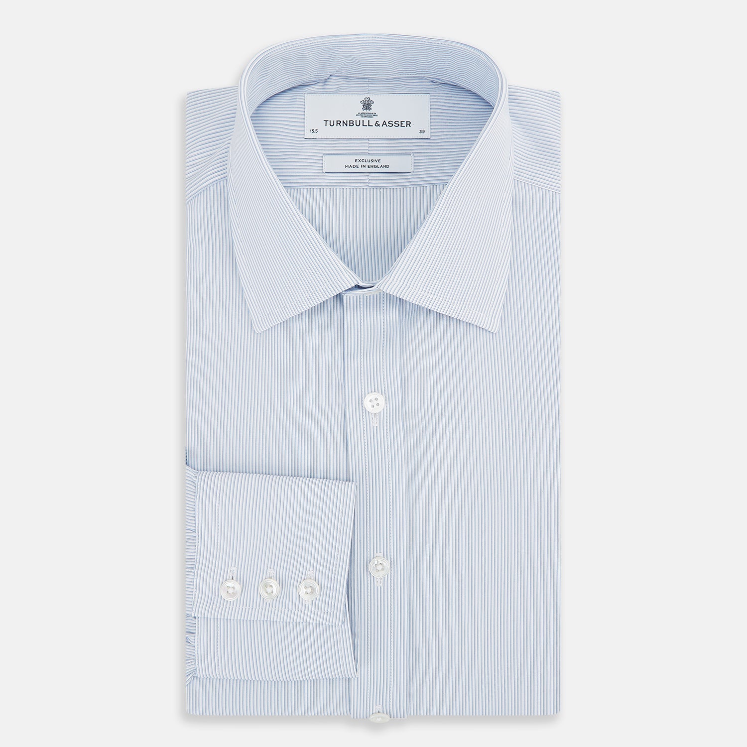 View 5 of product The Sky Blue Hairline Multi Stripe Mayfair Shirt by Turnbull & Asser, made from Italian cotton with a classic collar, white buttons, and buttoned cuffs, is displayed on a plain white background—an essential for any gentleman.