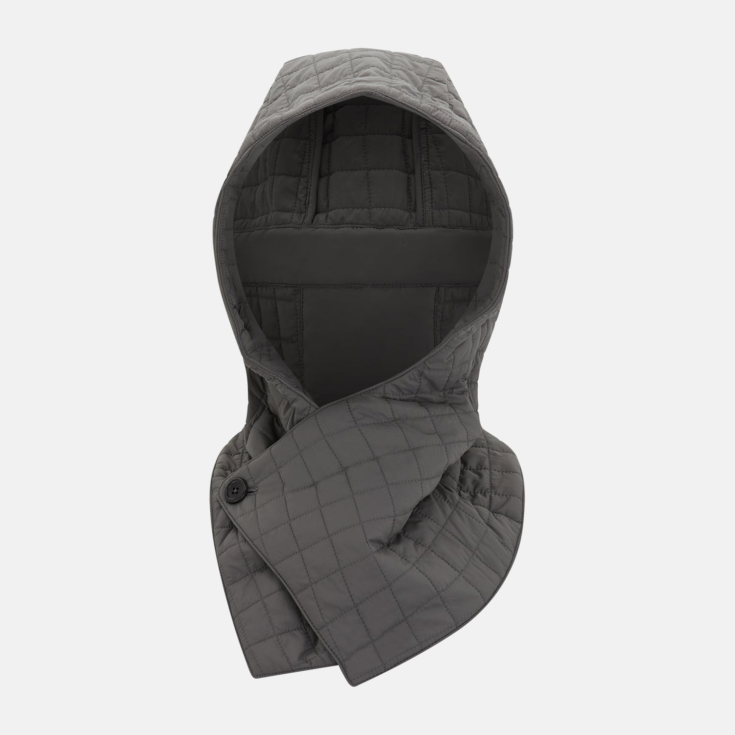 Image 1 of product The Turnbull & Asser Shadow Grey Quilted Hood with Neck Warmer features a button closure, inspired by quilted jacket hoods, and is displayed on a plain white background.