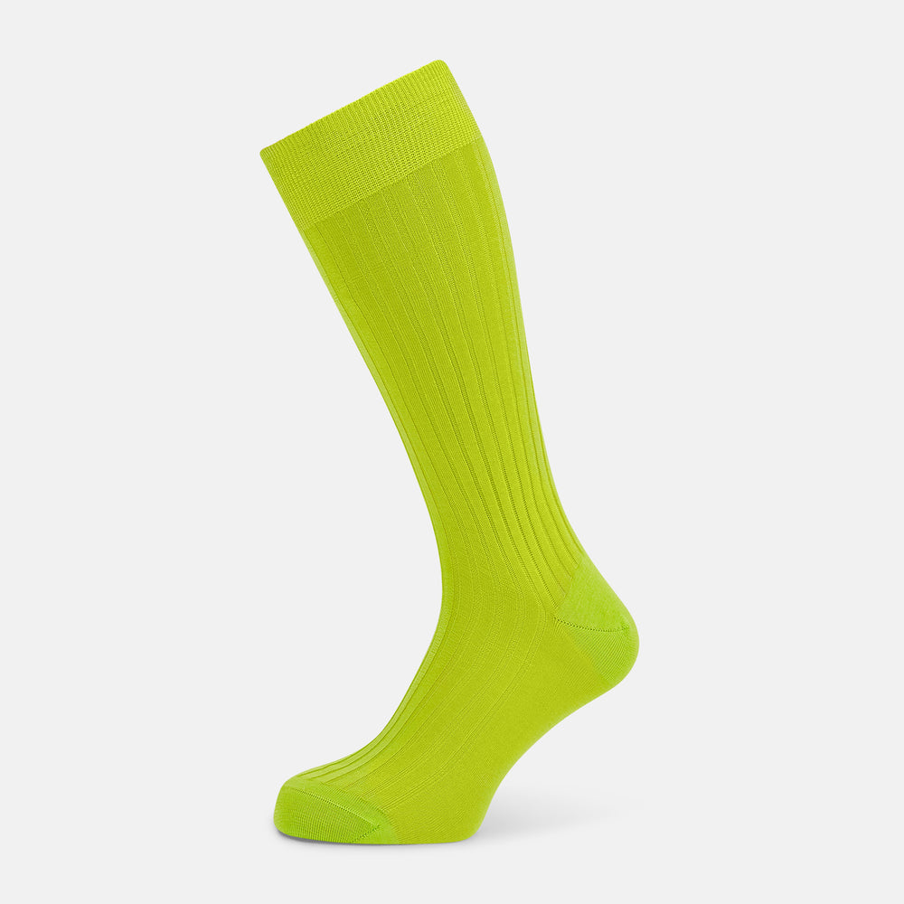 The Turnbull & Asser Lime Mid-Length Sock is crafted from soft mercerised cotton with a ribbed texture and shown against a plain light gray background.