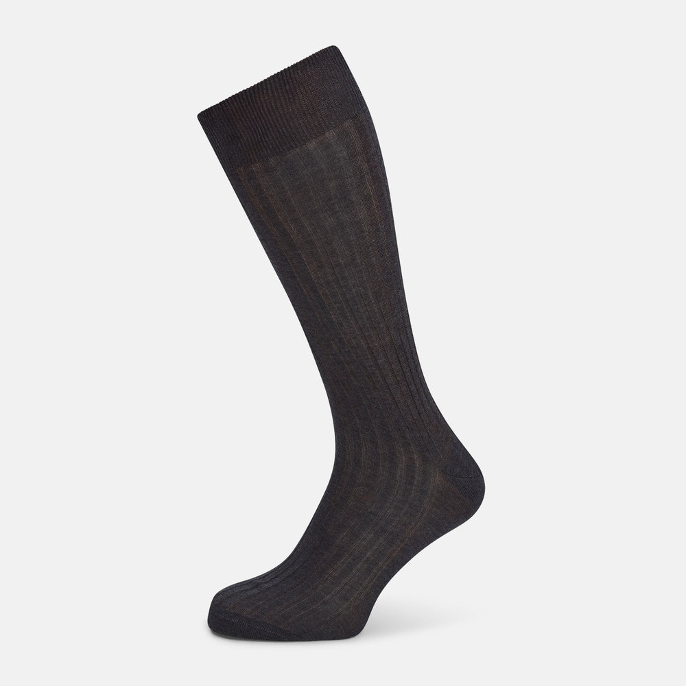 A single Charcoal Mid-Length Sock by Turnbull & Asser, crafted from mercerised Egyptian cotton in dark brown flat-knit, is displayed upright against a plain white background.