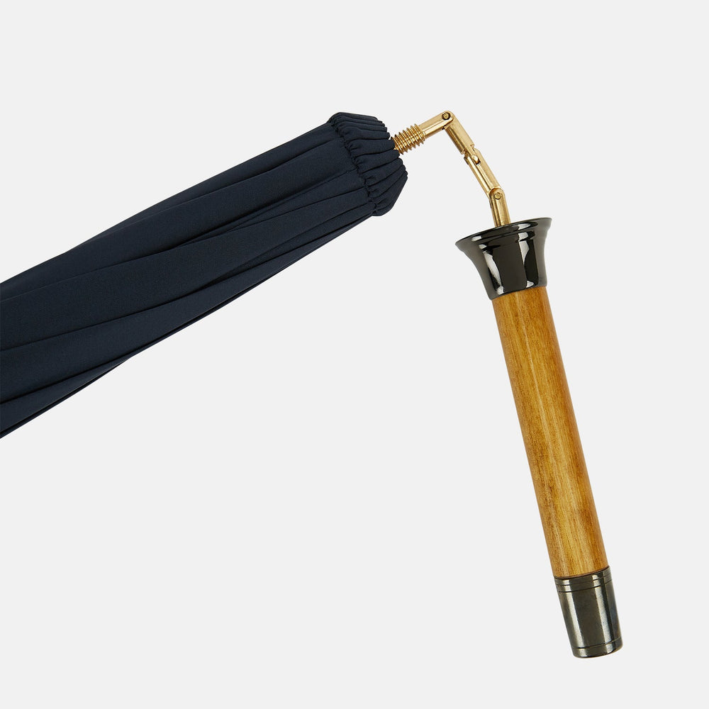 The Turnbull & Asser Navy Traveller Umbrella features a Malacca crook handle and is shown open against a plain white background.