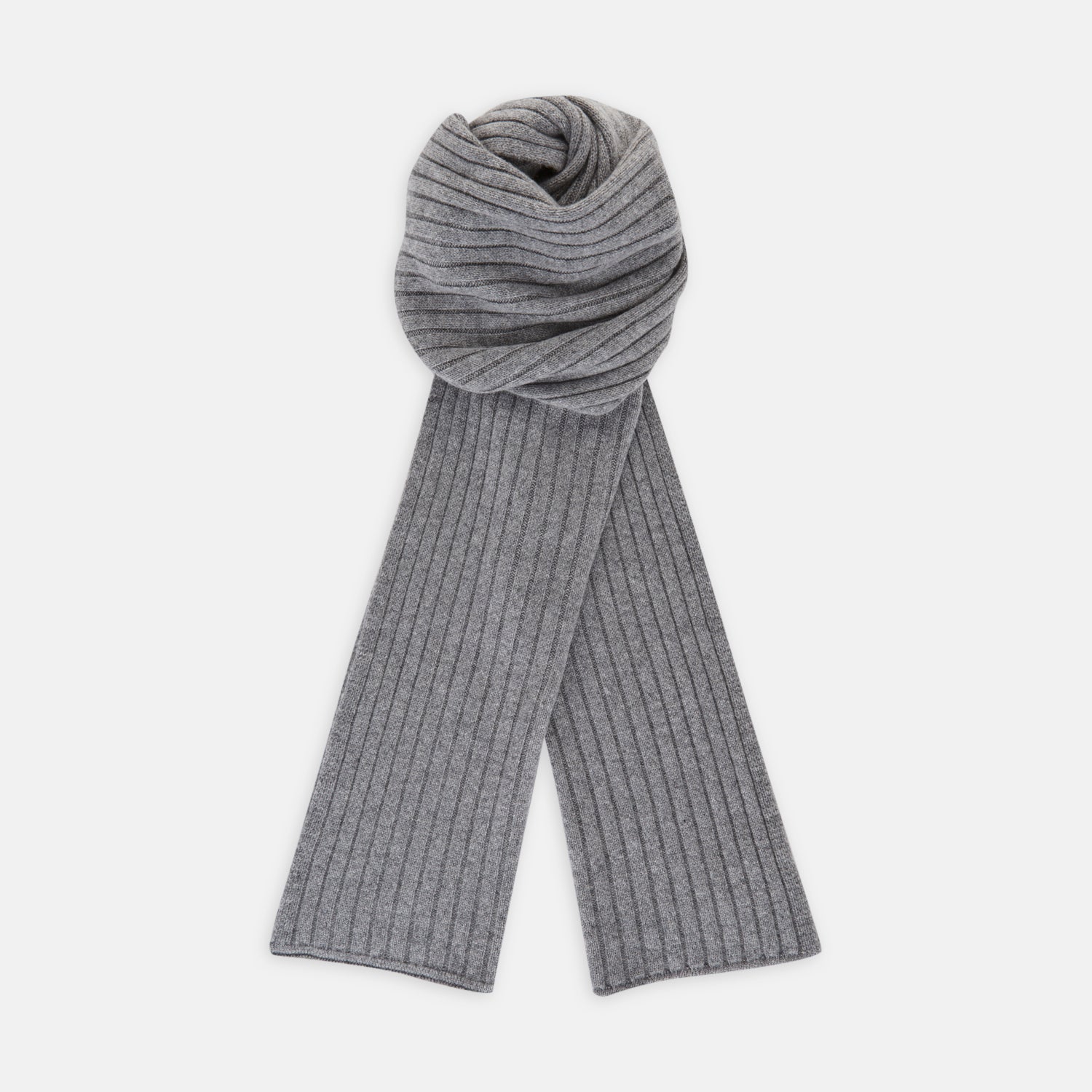 View 1 of product The Turnbull & Asser Grey Wool/Cashmere Scarf, featuring a ribbed design, is neatly knotted and displayed on a plain white background.