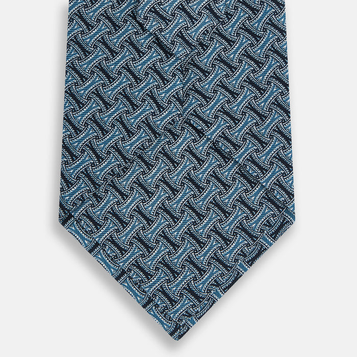 Pale Blue and Navy Weave Patterned Silk Tie Image 2