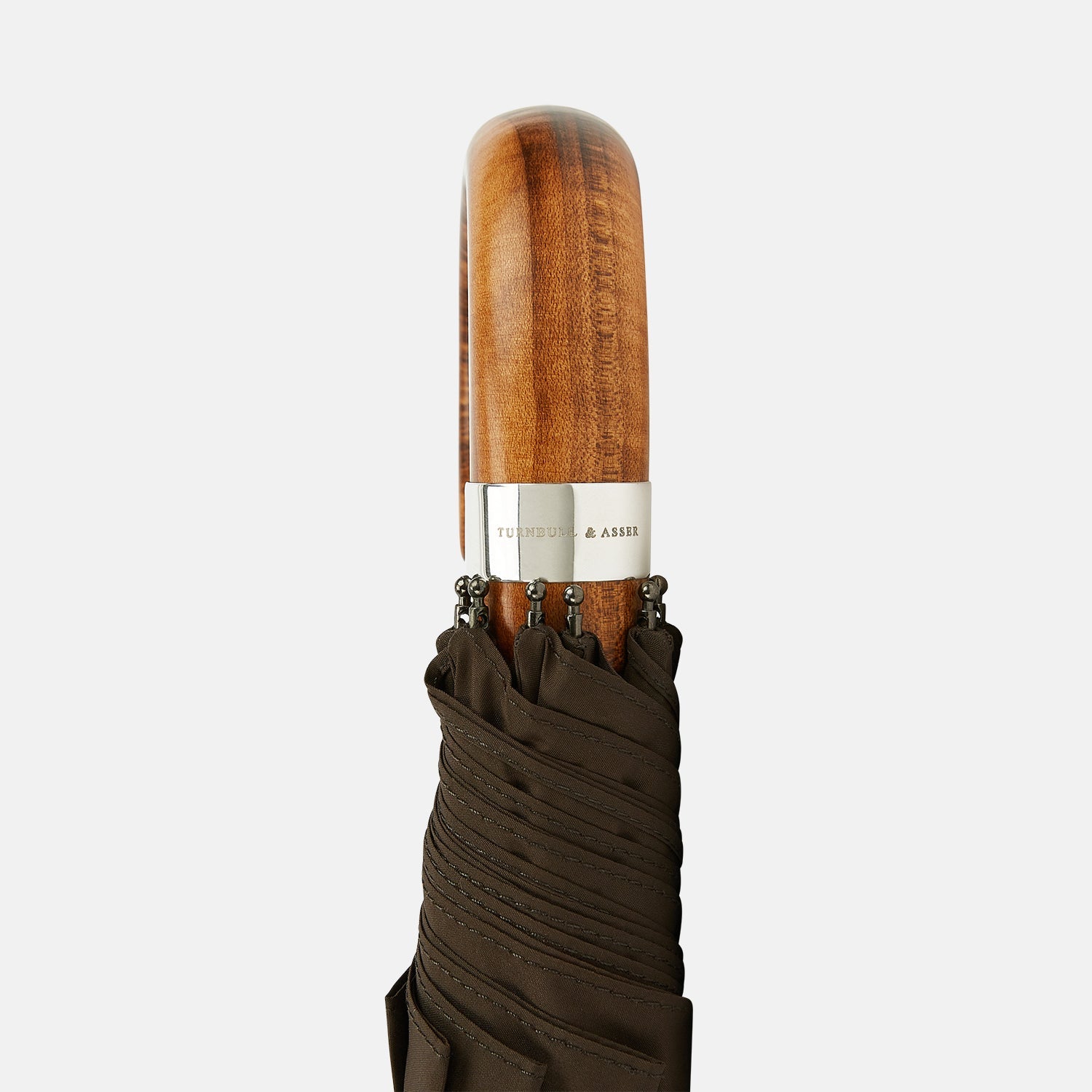 View 3 of product The Turnbull & Asser Brown Telescopic Umbrella features a brown maple crook handle and a metal shaft, shown open against a plain white background.