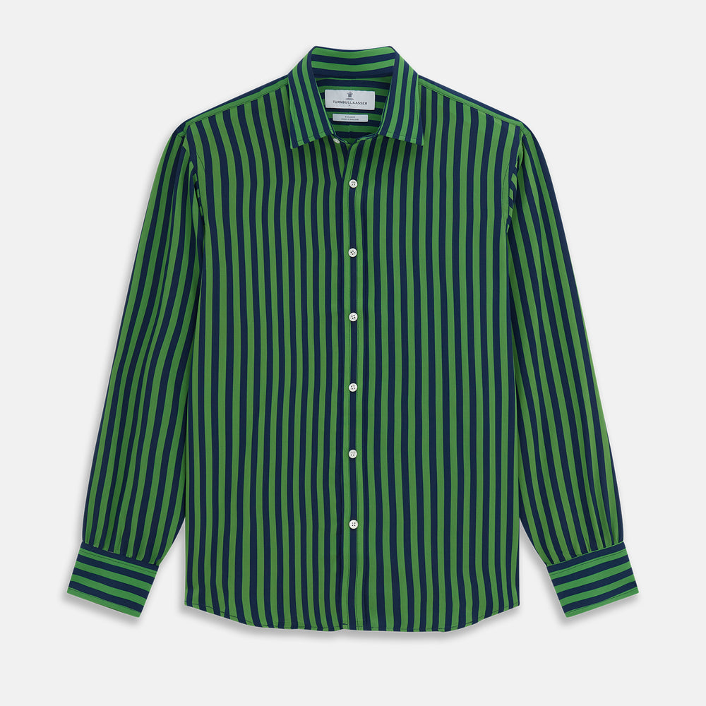 The Turnbull & Asser Green and Navy Candy Stripe Silk Weekend Fit Harold Shirt features long sleeves, a button-up front, collar, and cuffs, displayed laid flat on a white background.