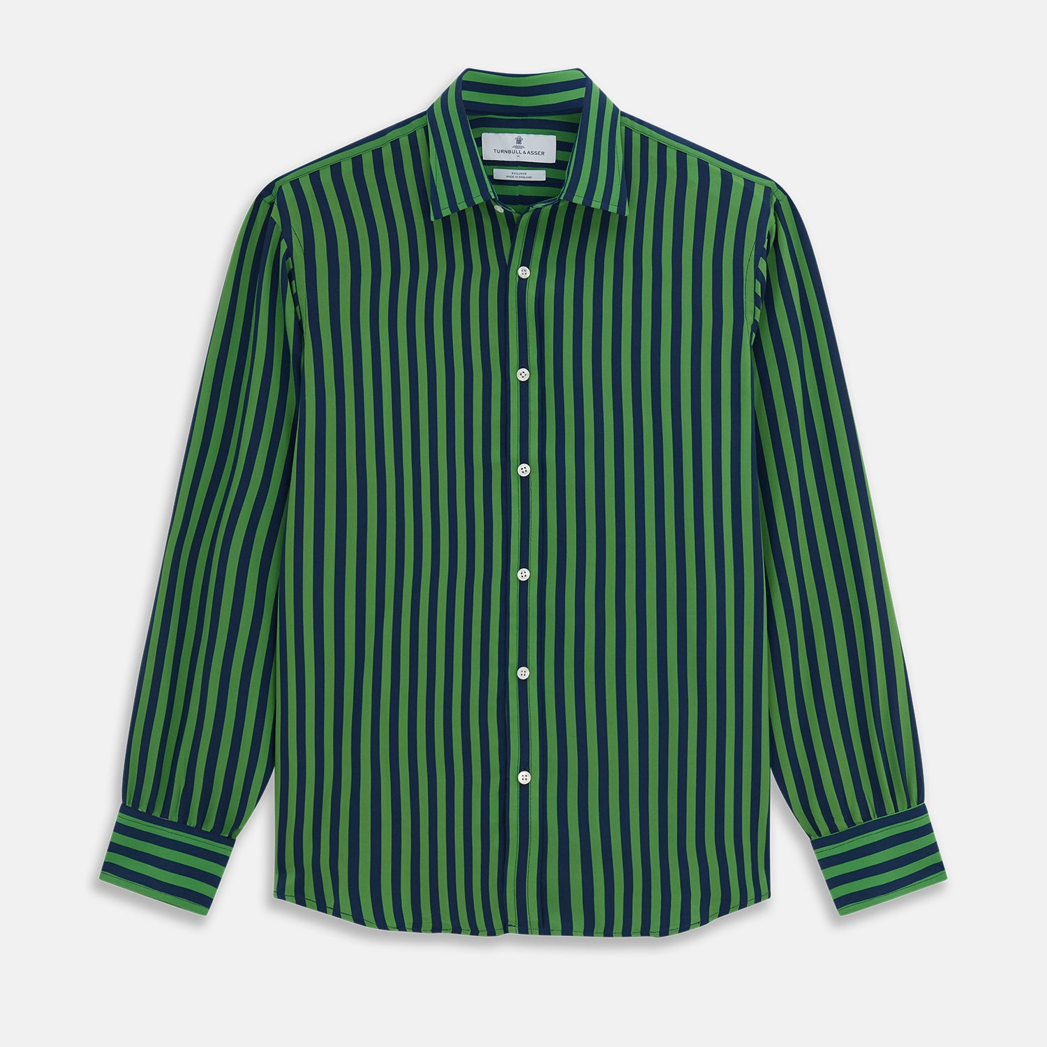 View 1 of product The Turnbull & Asser Green and Navy Candy Stripe Silk Weekend Fit Harold Shirt features long sleeves, a button-up front, collar, and cuffs, displayed laid flat on a white background.