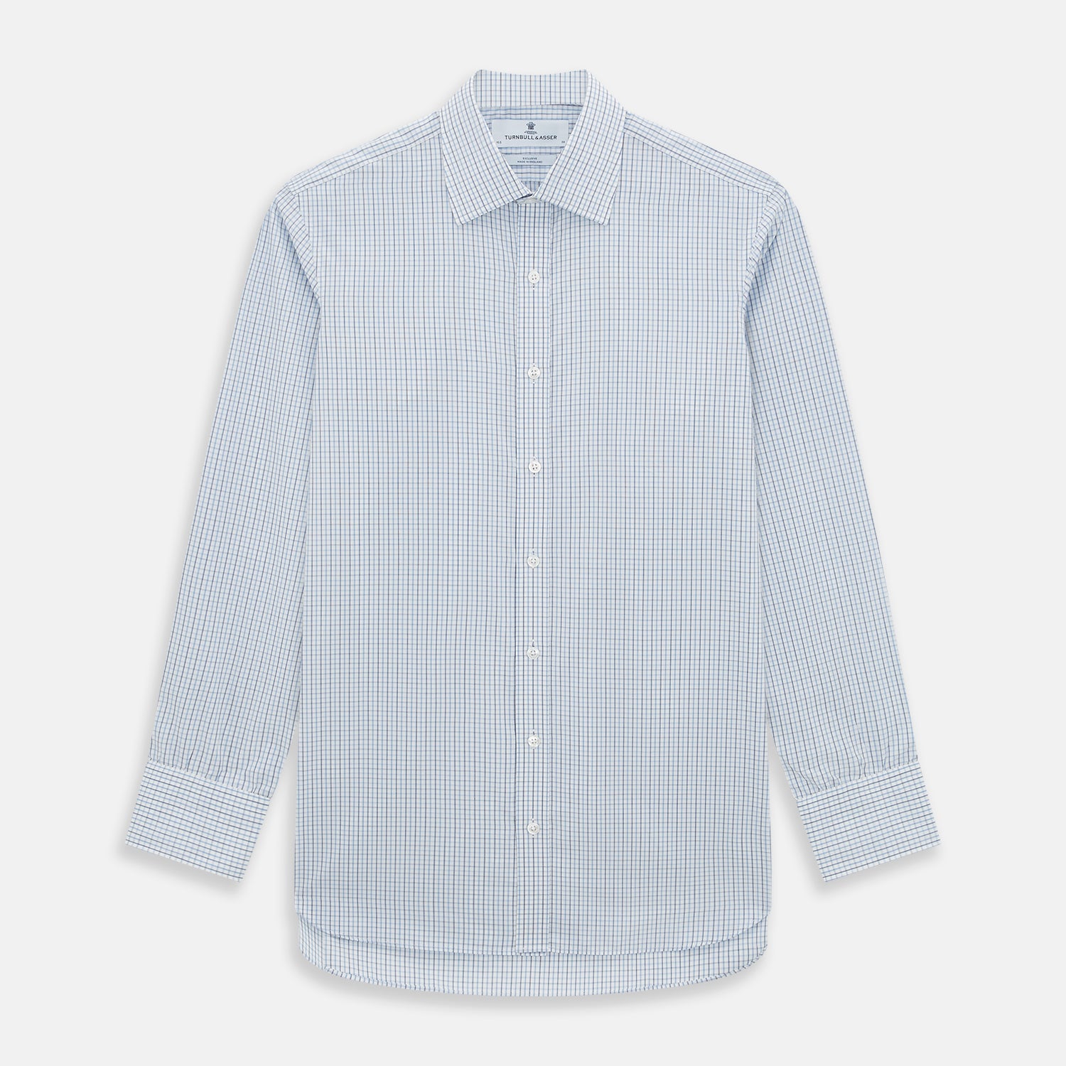 View 1 of product The Turnbull & Asser Navy and Blue Multi Check Mayfair Shirt features a T&A collar, button cuffs, and a blue checkered pattern. This long-sleeve, button-up shirt is shown on a white background.