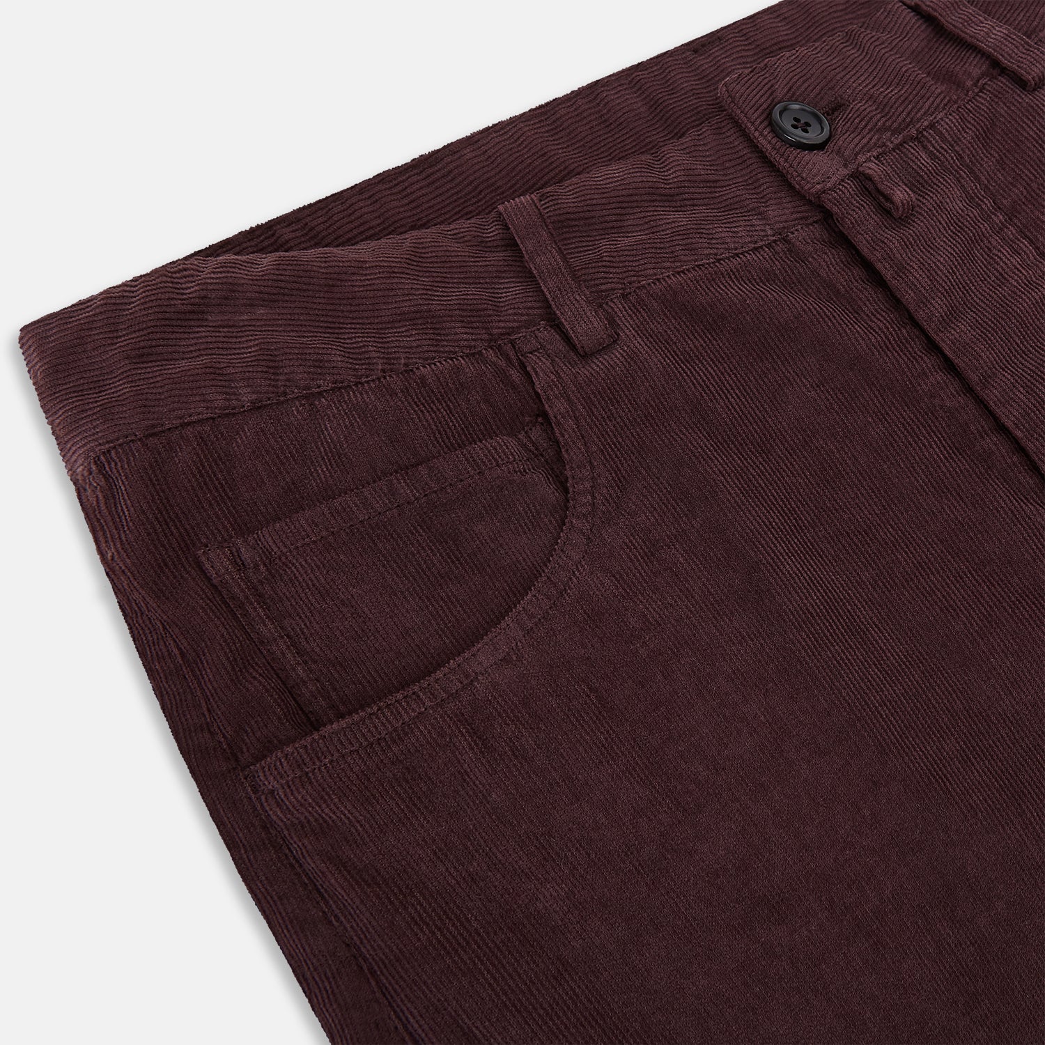 Image 2 of product The Turnbull & Asser Burgundy Corduroy Charles Trousers are straight-leg stretch cotton pants in dark burgundy, featuring side and back pockets, shown against a plain white background.