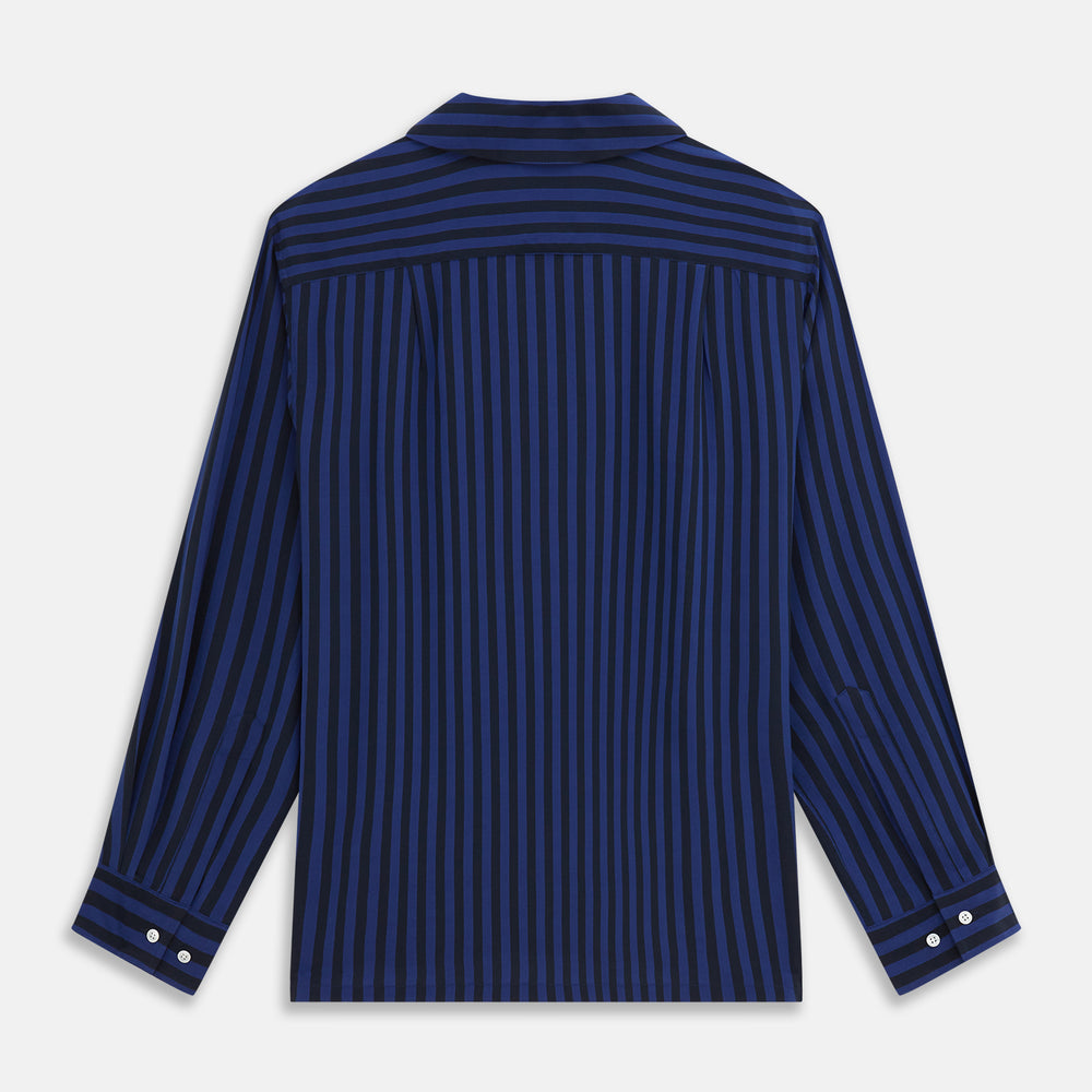 The Turnbull & Asser Navy and Blue Multi Stripe Silk Holiday Fit Winnington Shirt features white buttons, a notched collar, and a chest pocket, shown laid flat on a white background.