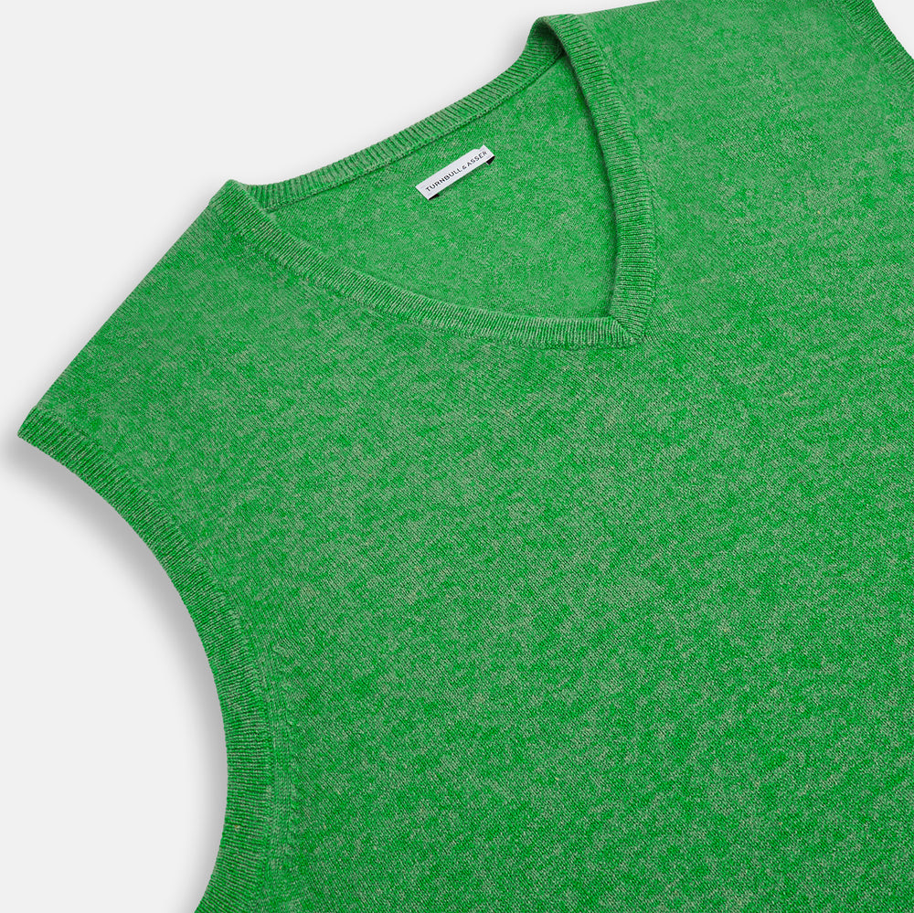 The Turnbull & Asser Fern Green V-neck Sleeveless Vest features a ribbed hem and is perfect for elegant ensembles, presented against a plain white background.