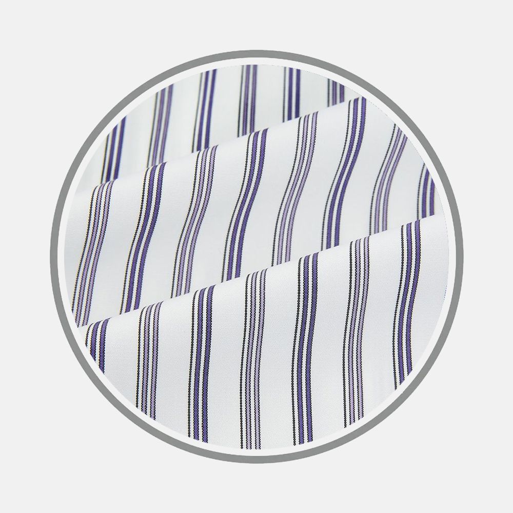Close-up of Turnbull & Asser's Sapphire Blue Multi Track Stripe Fabric, displaying evenly spaced vertical navy and light blue stripes within a circular frame.