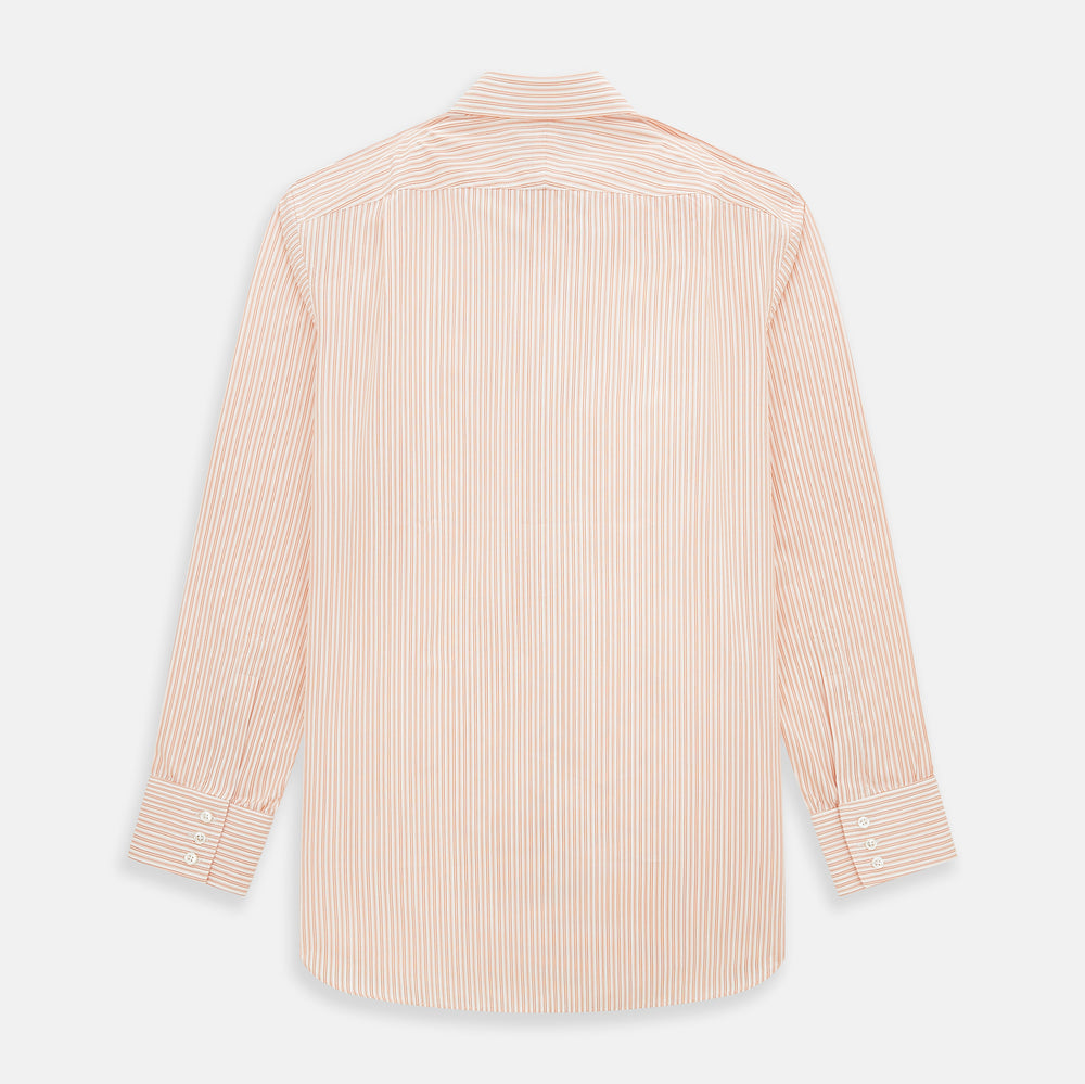 The Turnbull & Asser Orange Ticking Stripe Mayfair Shirt features thin vertical stripes, a classic T&A collar, and buttoned cuffs, shown on a plain white background.
